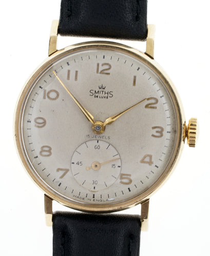 DELUXE SMITHS ENGLISH GENTS 9CT GOLD WRISTWATCH MORRIS MOTORS GOLDEN  JUBILEE 1955