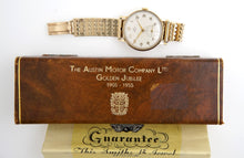 DELUXE SMITHS MODEL A501 1955 AUSTIN MOTOR COMPANY 9 CT GOLD ENGLISH WRISTWATCH GOLD BRACELET WITH BOX PAPER