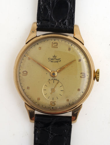 DELUXE SMITHS MADE IN ENGLAND LARGE SIZED  15 JEWEL 9CT GOLD WRISTWATCH C 1953  WITH BOX