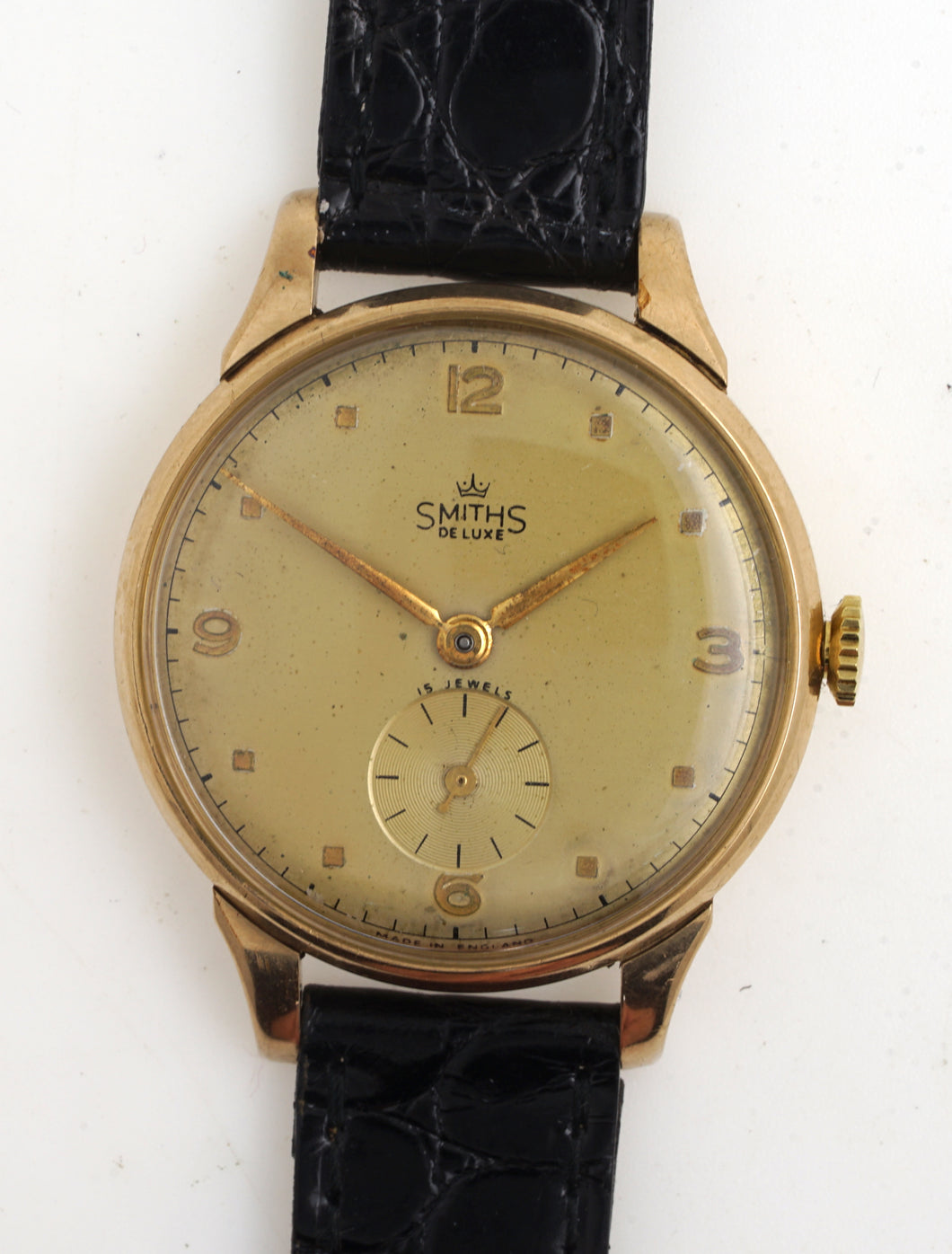 DELUXE SMITHS MADE IN ENGLAND LARGE SIZED  15 JEWEL 9CT GOLD WRISTWATCH C 1953  WITH BOX